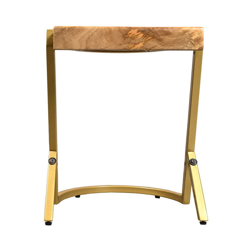 17 Inch Side End C Table, Natural Mango Wood Top with Drop Edge, Iron Gold Angled Frame - Benzara