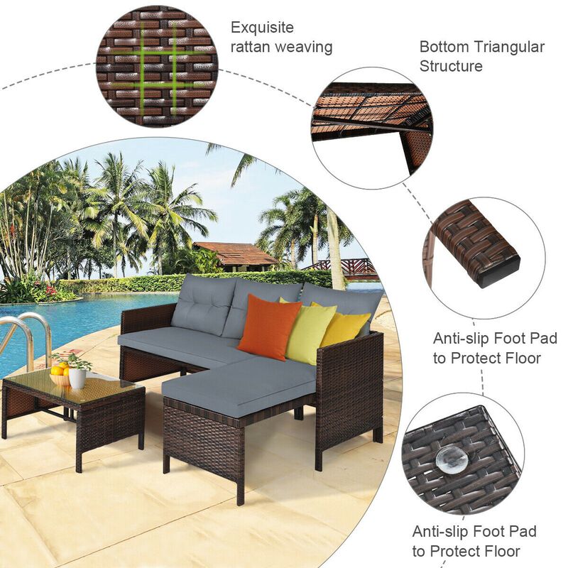 3 Pieces Outdoor Patio Corner Rattan Sofa Set-Grey