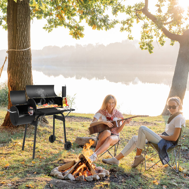 Barrel Charcoal Grill with Offset Smoker Outdoor BBQ Grill for Flavorful Smoking & Grilling