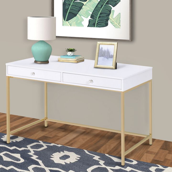 Two Drawers Wooden Desk with Tubular Metal Base, White and Gold-Benzara