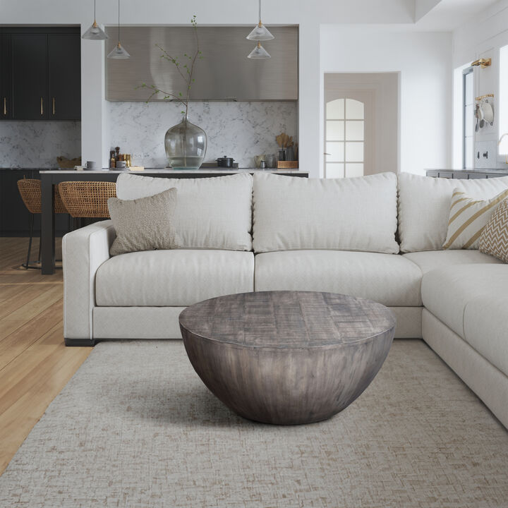 36 Inch Round Coffee Table, Handcrafted Drum Shape, Mango Wood with Olive Gray Finish - Benzara