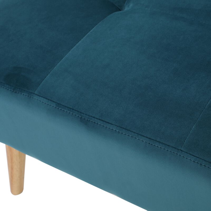 Ottoman, Tufted Teal Velvet, Brown Tapered Wood Legs, Square 31 Inch - Benzara