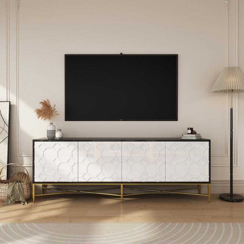 MONDAWE Modern Black and White Color Scheme Press Design 4 Door Cabinet, Living Room TV Stand