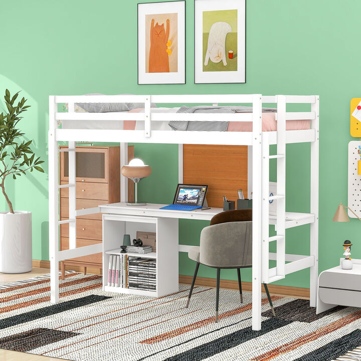 Twin Size Loft Bed With Desk And Writing Board, Wooden Loft Bed With Desk & 2 Drawers Cabinet