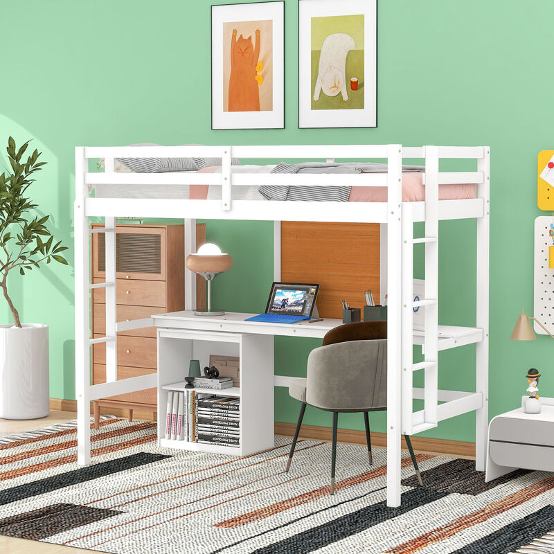 Twin Size Loft Bed With Desk And Writing Board, Wooden Loft Bed With Desk & 2 Drawers Cabinet