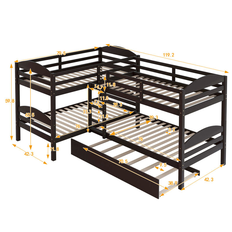 Twin L-Shaped Bunk Bed With Trundle