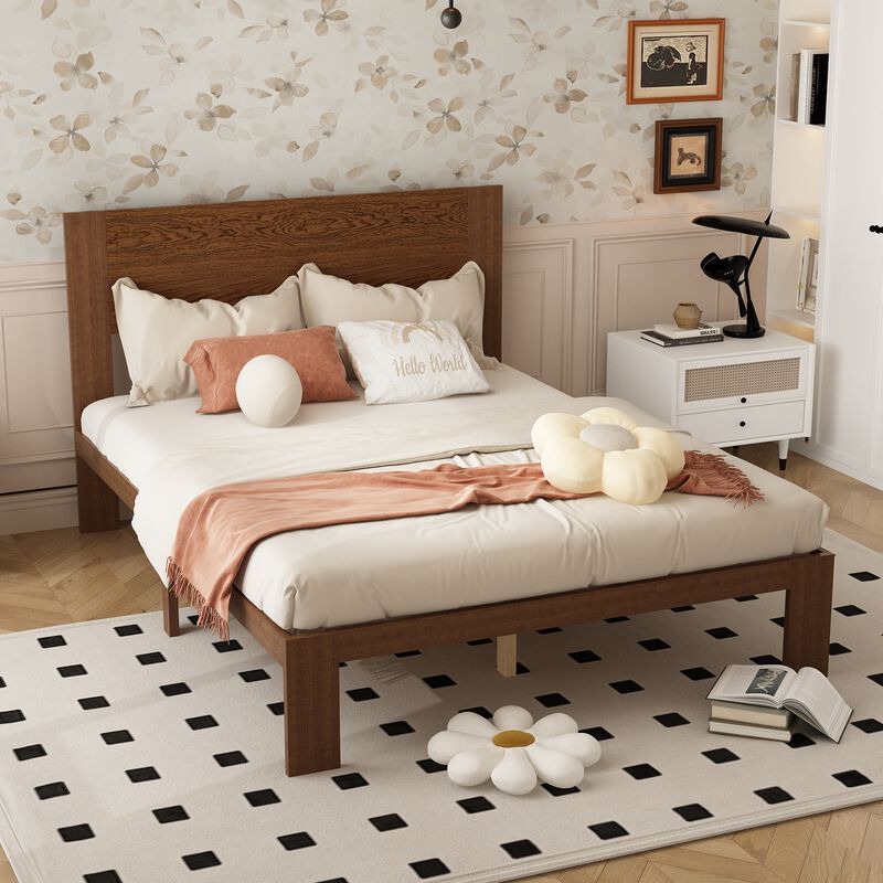 FUFU&GAGA Solid Wood Bed with Slatted Bed Base, Natural Wood Finish (60.2" W x 81" L x 41.7" H), Rubberwood & Pine Construction