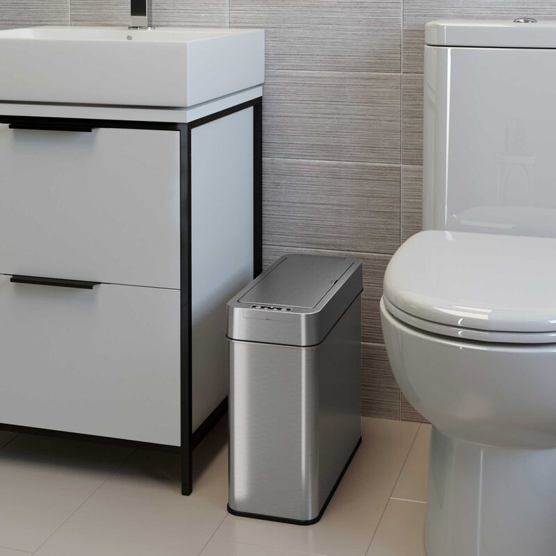 iTouchless 4 Gallon Stainless Steel Slim Sensor Trash Can (Left Side Lid Open)