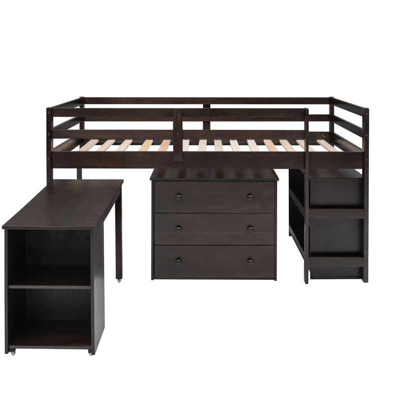 Low Study Twin Loft Bed With Cabinet And Rolling Portable Desk