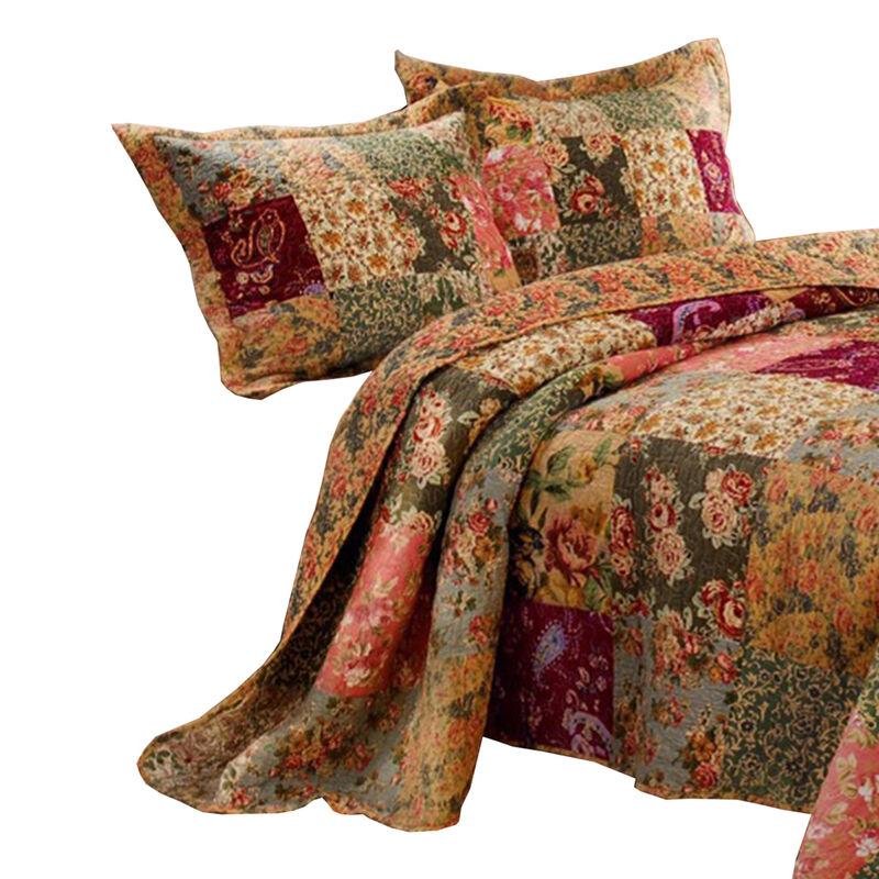 Kamet 3 Piece Fabric Full Size Bedspread Set with Floral Prints, Multicolor - Benzara