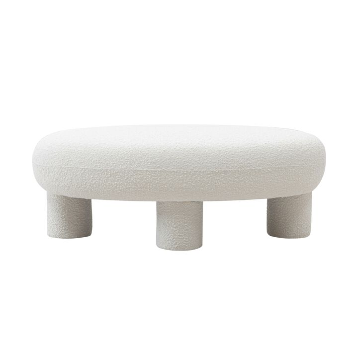 Cid 46 Inch Accent Bench Ottoman, White Polyester Oval Seat, Pine Wood Legs - Benzara