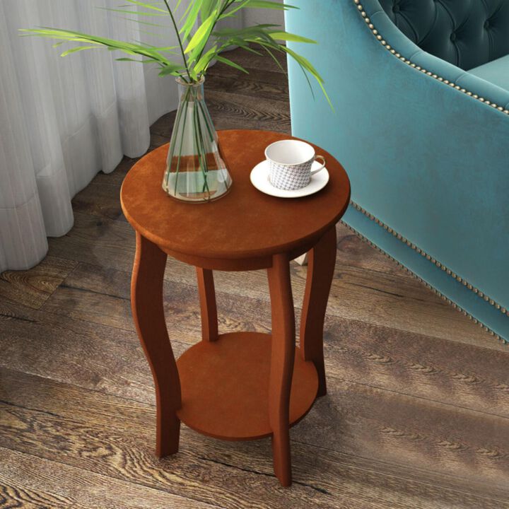 Hivvago 15 Inch 2-Tier Round End Table with Storage Shelf-Walnut