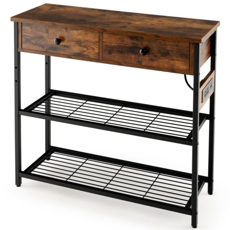 Hivvago Narrow Console Table with 2 Drawers and 2 Metal Mesh Shelves