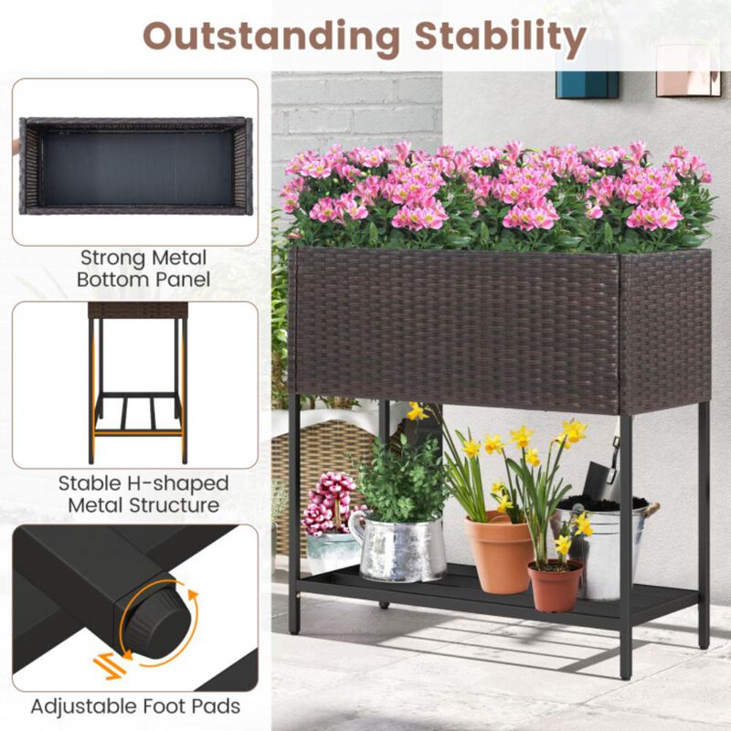 Hivvago Wicker Raised Garden Bed with Storage Shelf and Removable Liner for Flowers