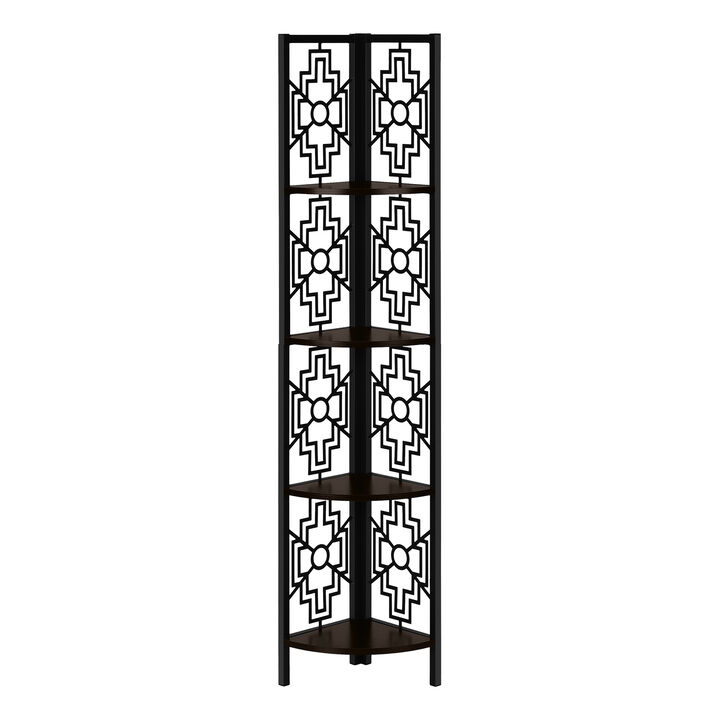 Monarch Specialties I 3622 Bookshelf, Bookcase, Etagere, Corner, 4 Tier, 62"H, Office, Bedroom, Metal, Laminate, Brown, Black, Transitional