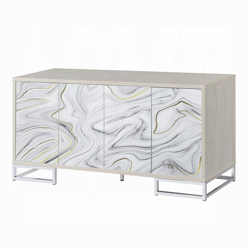 Anok Sideboard Console Cabinet, White Marble Look, Chrome, 65 Inch - Benzara