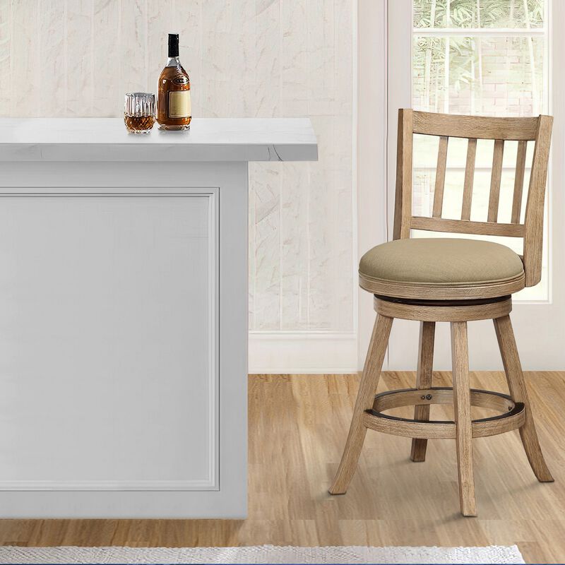 Adam 24 Inch Solid Wood Swivel Counter Stool, Slatted Back, Oat Brown-Benzara