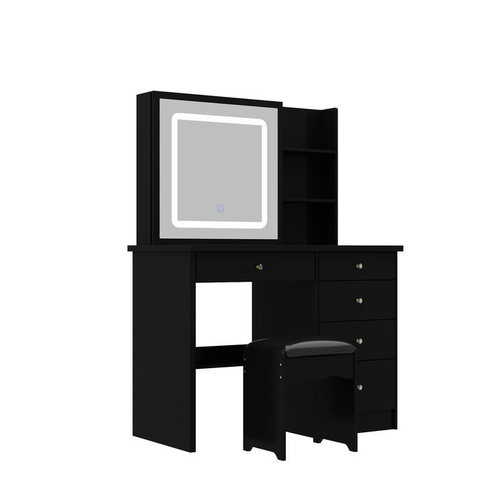 5-Drawers Black Wood LED Push-Pull Mirror Makeup Vanity Sets Dressing Table Sets with Stool and 3-Tier Storage Shelves