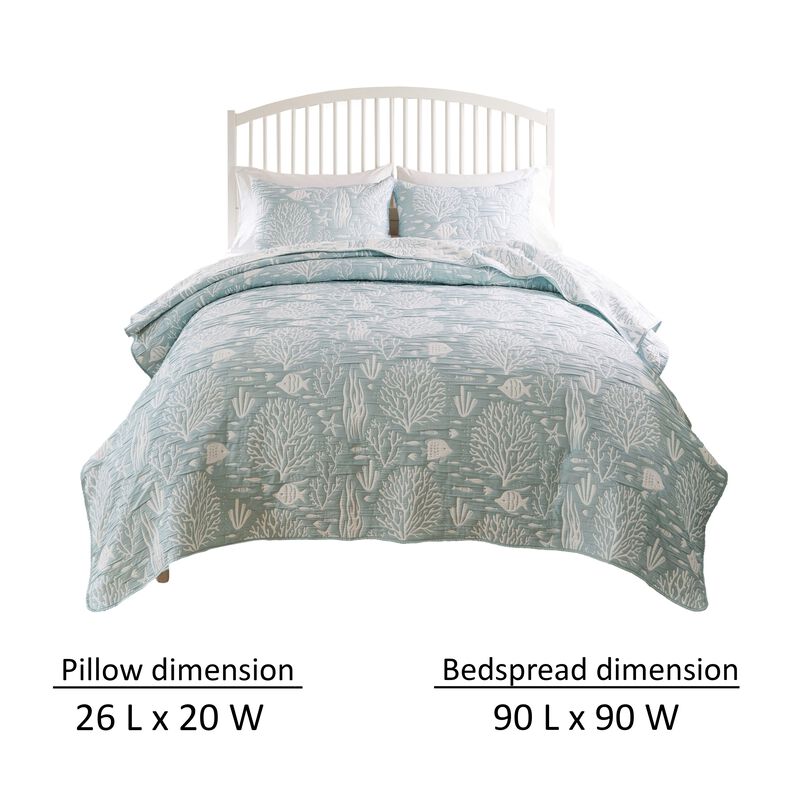 Amy 3pc Full Queen Coverlet Pillow Sham Set, Coastal Design Seafoam Blue