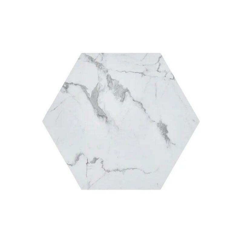 Hexi 35 Inch Coffee Table, Hexagonal, White Marble Design, Gold Base - Benzara