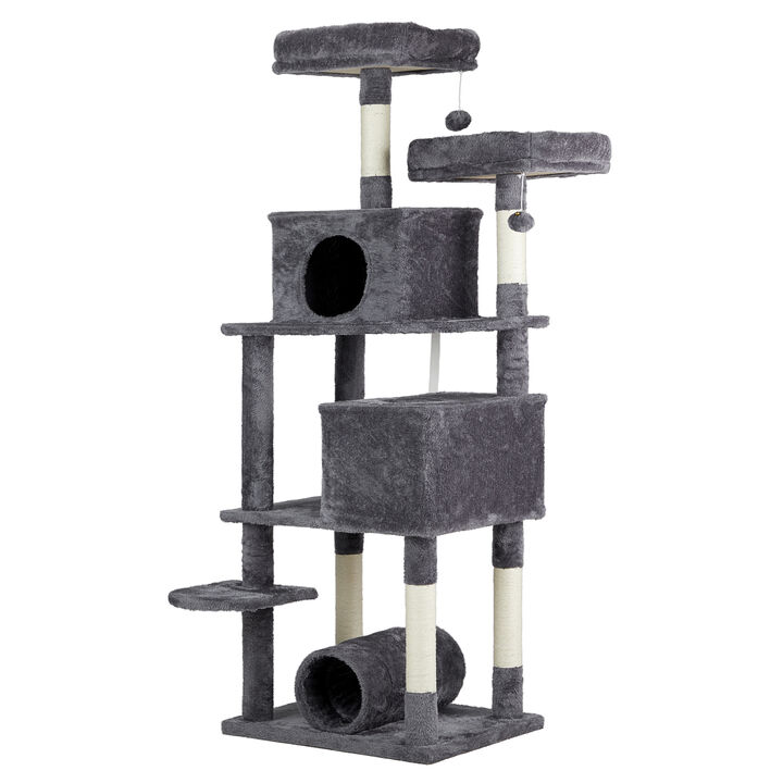 Cat Tower for Indoor Cats with Padded Beds, Cozy Condos, Scratching Posts, Toy Balls, and Play Tunnel