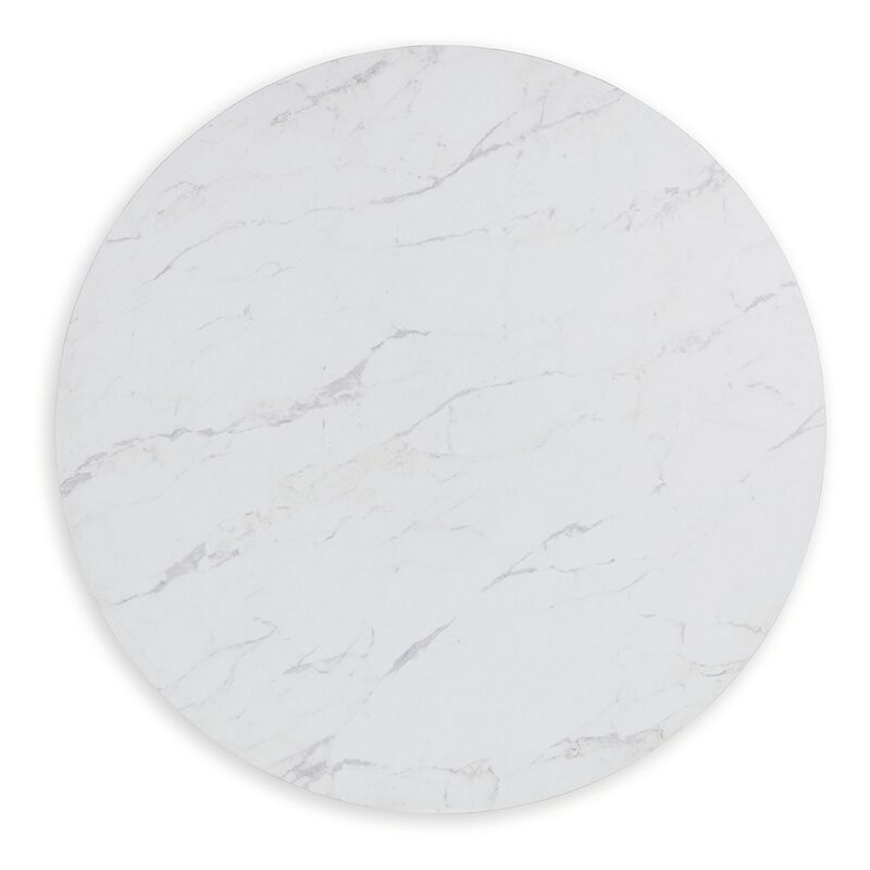 Awdyn Dining Table, 45 Inch Round White Marble Top, Brown Wood Legs - Benzara
