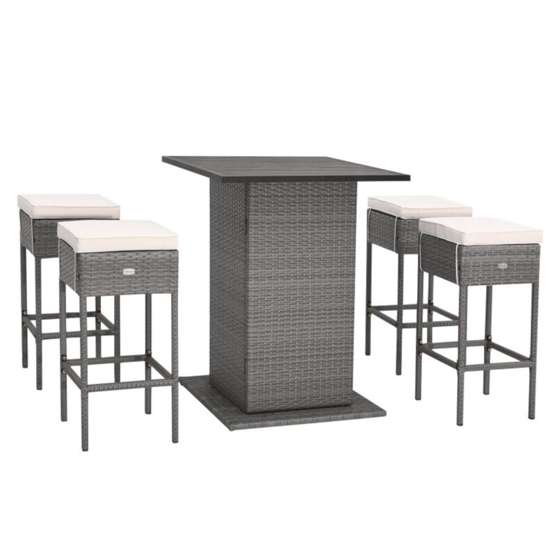 Hivvago 5 Pieces Outdoor Wicker Bar Table Set with Hidden Storage Shelves-White