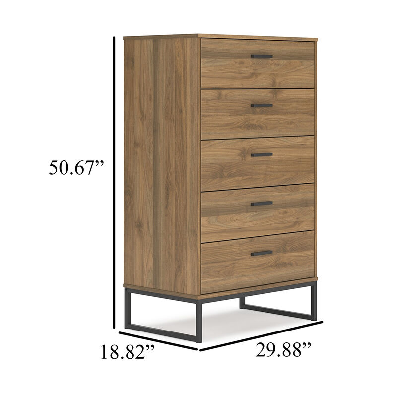 Deana Tall Dresser Chest, 5 Drawers, Brown Wood, Black Metal, 51 Inch - Benzara