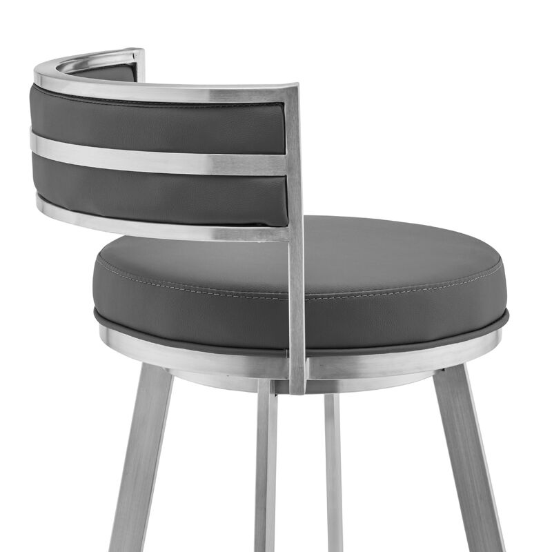 Roman  Gray Faux Leather and Brushed Stainless Steel Swivel Bar Stool
