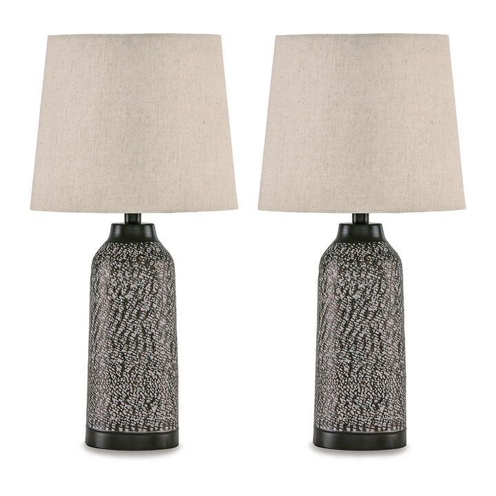 Table Lamp Set of 2, Beige Drum Shade, Black Hammered Motif Metal Base - Benzara