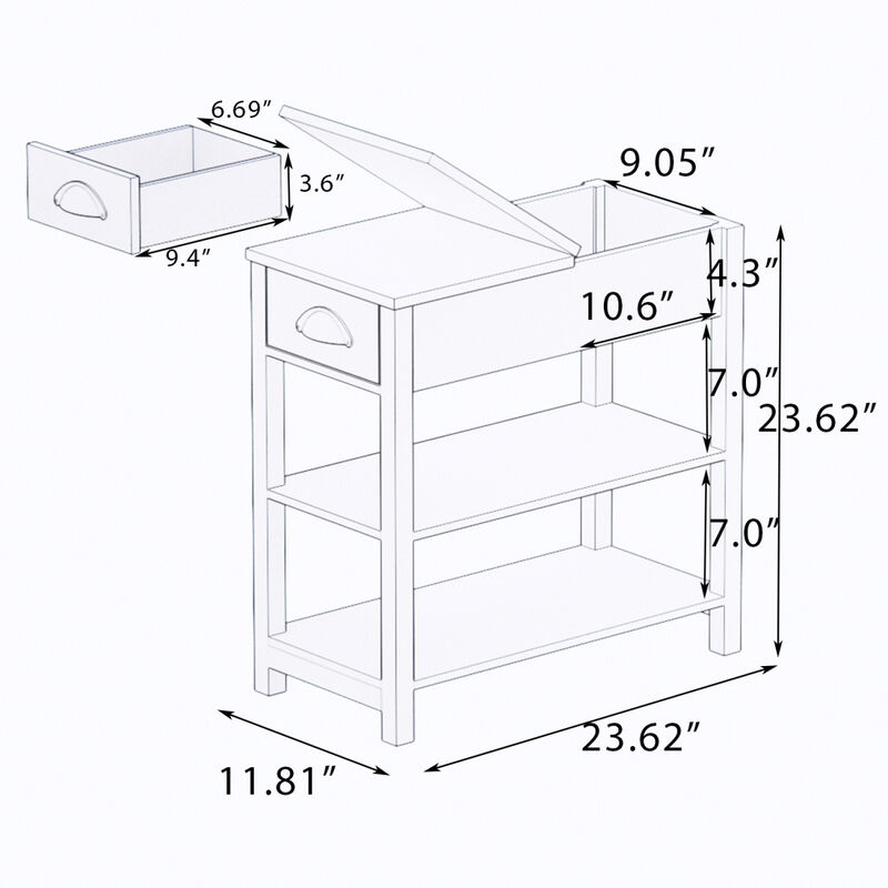 Narrow Sided Table With Drawers And Bottom Partition In Flip Over Design - White