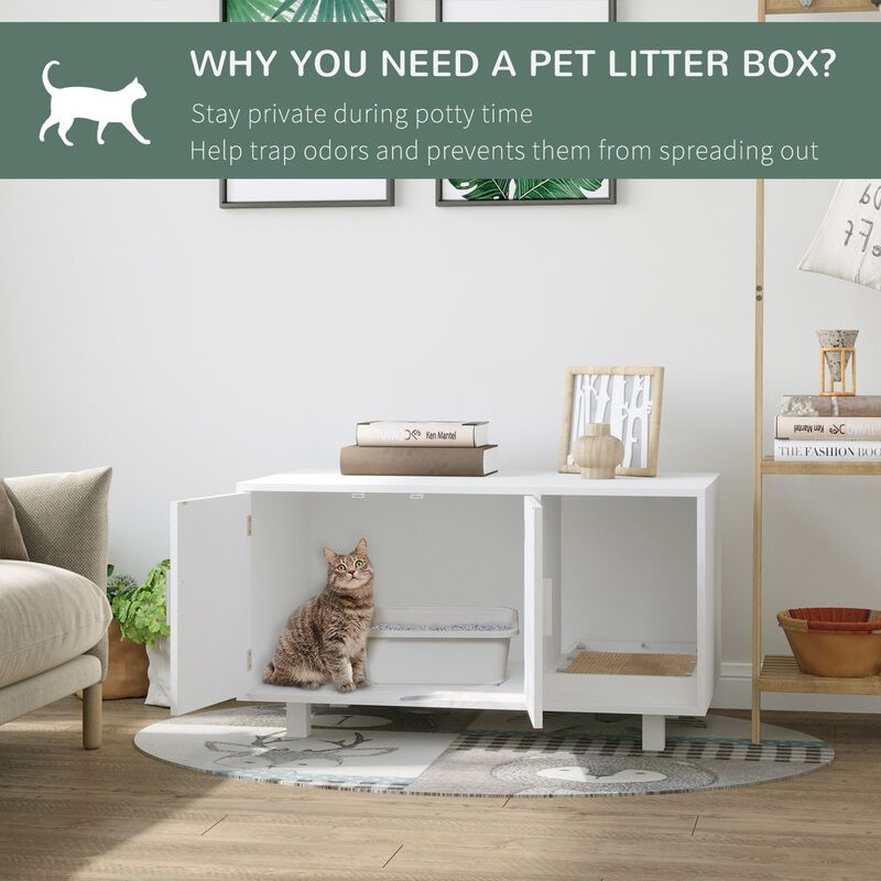White Kitty Bathroom: Wooden Litter Box End Table with Scratcher