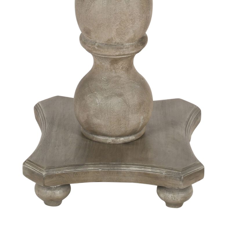 42 Inch Handcrafted Mango Wood Dining Table, Pedestal Base, Round Molded Top, Washed White, Gray-Benzara