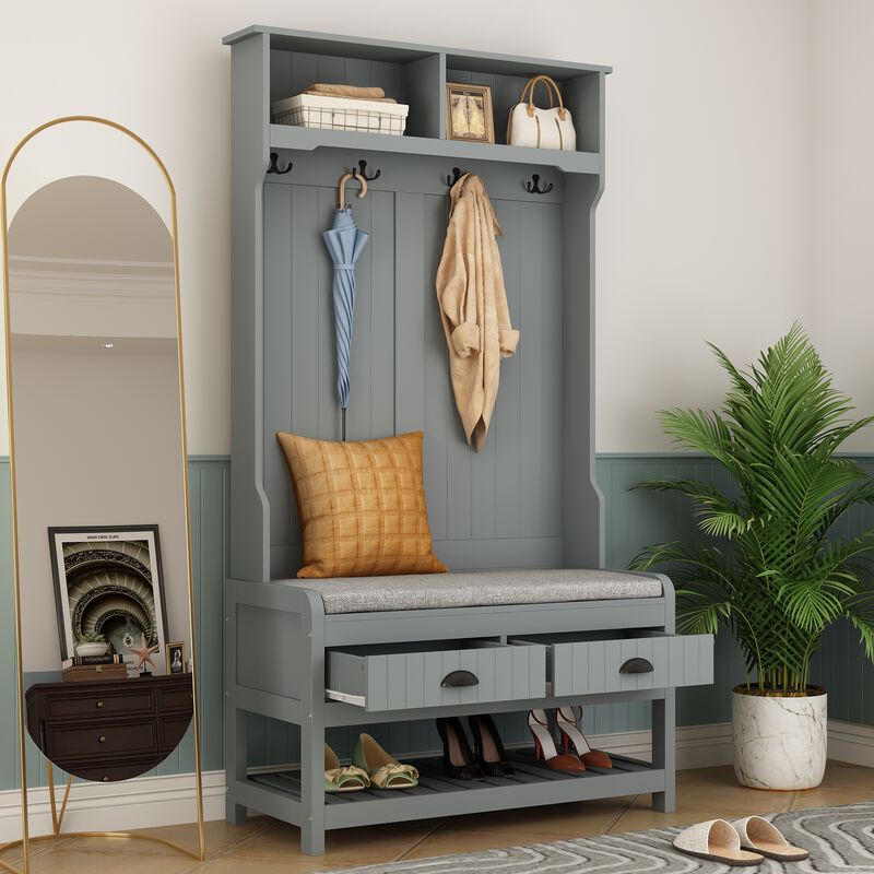 68.5 in. Gray Wood 3-in-1 Hall Tree Coat Rack Storage Bench with 4-Metal Double Hooks and 2-Drawers, Shelves