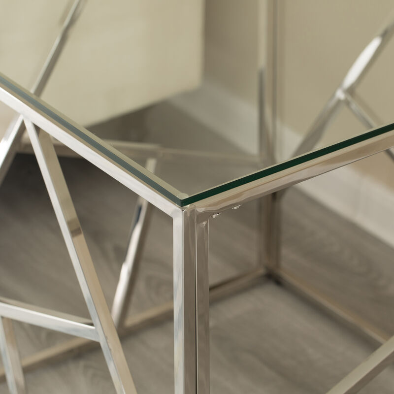 Modern Square End Side Table, Tempered Glass Top Metal Coffee Table, Silver