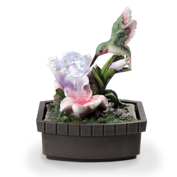Eci 11 Inch Hummingbird Tabletop Fountain, Accent Crystal LED Light Ball - Benzara