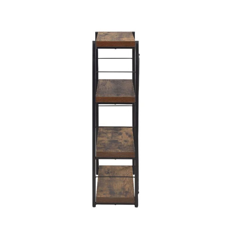 4 Tiered Metal Framed Wooden Bookshelf, Weathered Oak Brown and Black-Benzara