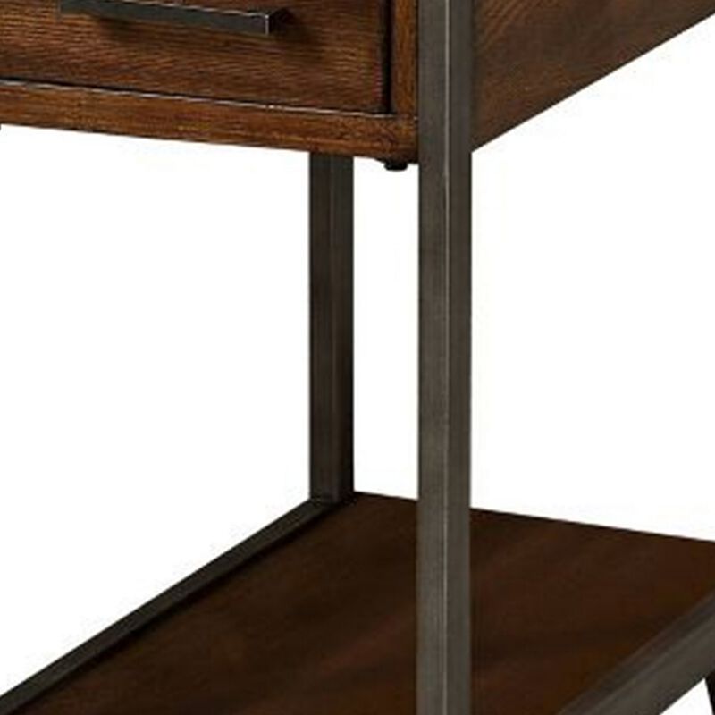Rectangular Wood and Metal Side Table with USB Outlet, Brown and Gray-Benzara