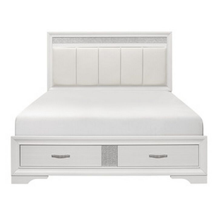 Ani Queen Platform Bed, Tufted Headboard, 2 Drawer Low Footboard, White - Benzara