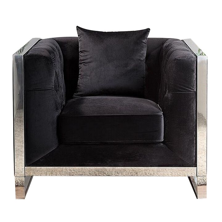 Vade 39 Inch Accent Chair, Stainless Steel Frame, Tufted Black Flannelette - Benzara