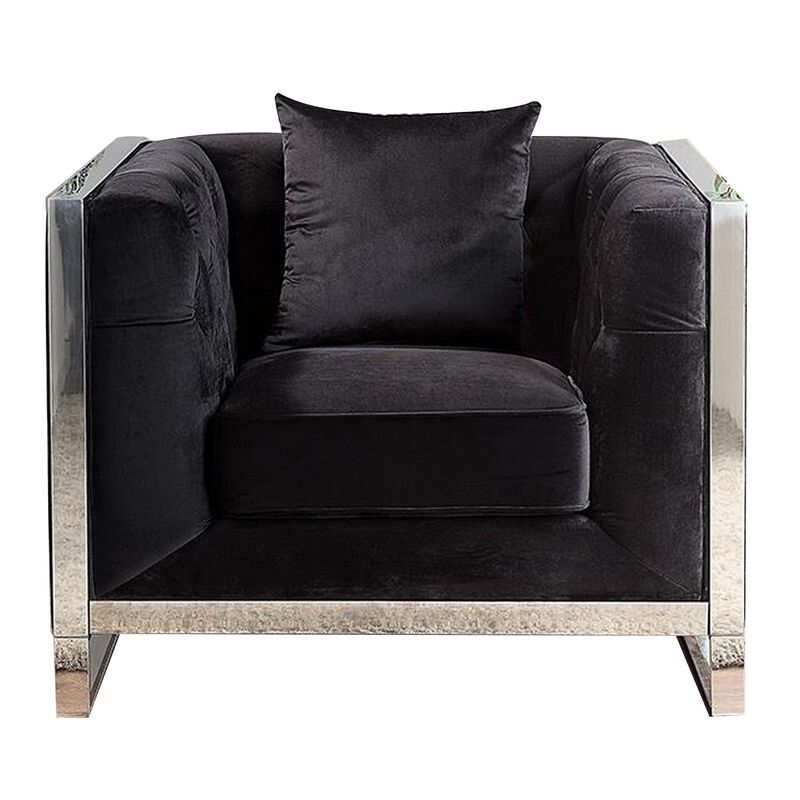 Vade 39 Inch Accent Chair, Stainless Steel Frame, Tufted Black Flannelette - Benzara