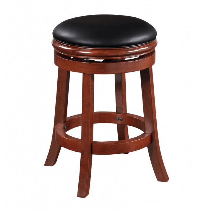 Sabi 24 inch Swivel Counter Stool, Solid Wood, Faux Leather, Brown, Black-Benzara