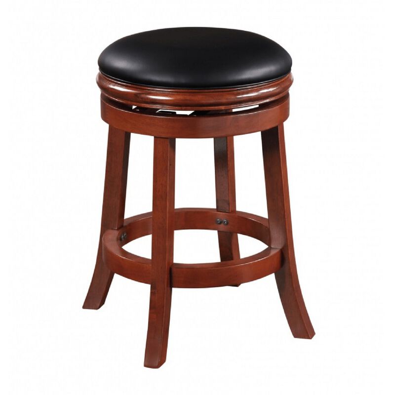Sabi 24 inch Swivel Counter Stool, Solid Wood, Faux Leather, Brown, Black-Benzara