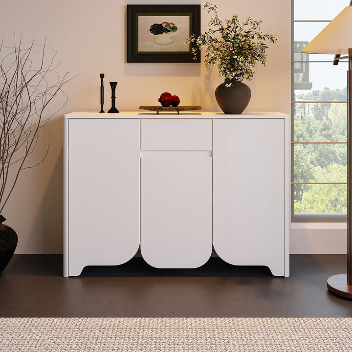 FUFU&GAGA Modern White Cabinet – 3 Doors, 1 Drawer, Arched Design, MDF Living Room Storage Cabinet (47.2" W x 13.7" D x 33.5" H), White