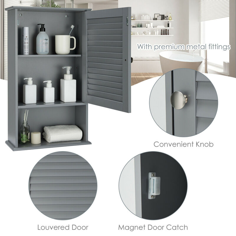 Costway Bathroom Wall Mount Storage Cabinet Single Door w/Height Adjustable Shelf Grey