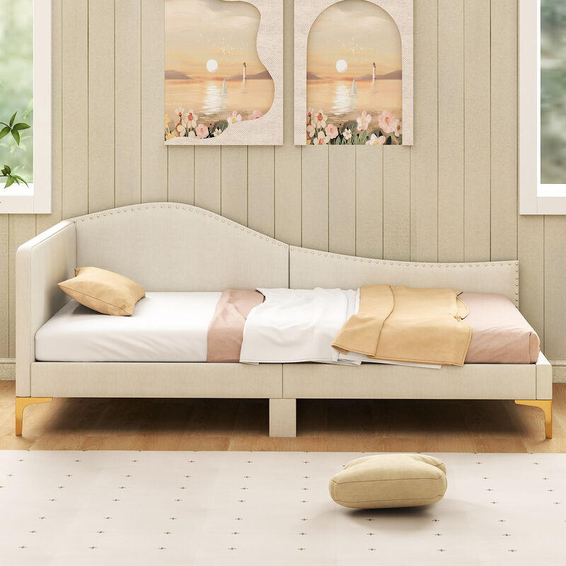 Upholstered Daybed with Metal Legs and Wood Slats for Stylish and Durable Seating or Sleeping Solution