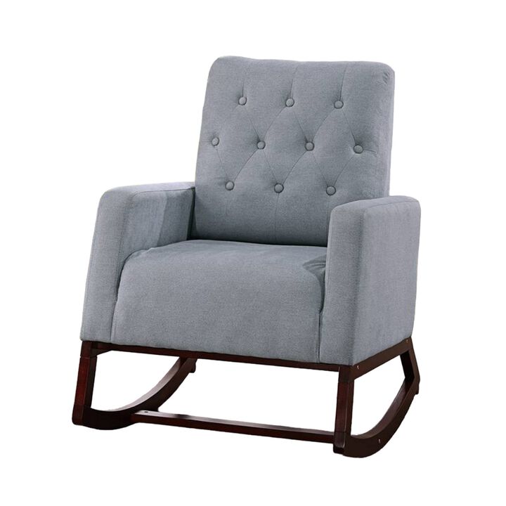 Clair Rocking Chair, Espresso Brown Solid Wood, Gray Button Tufted - Benzara