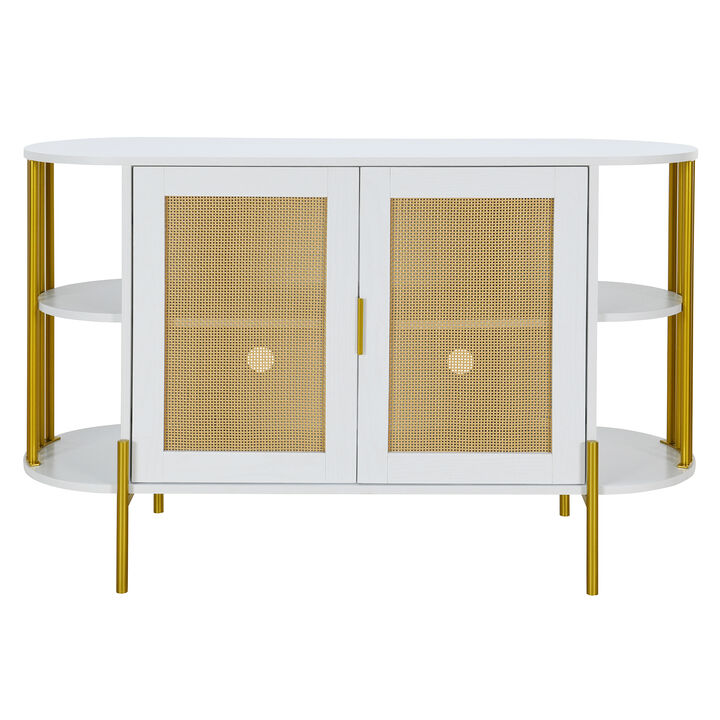 2-Door Elegant Curved Dining Cabinet with Gold Trim and Woven Rattan Doors for Dining Room