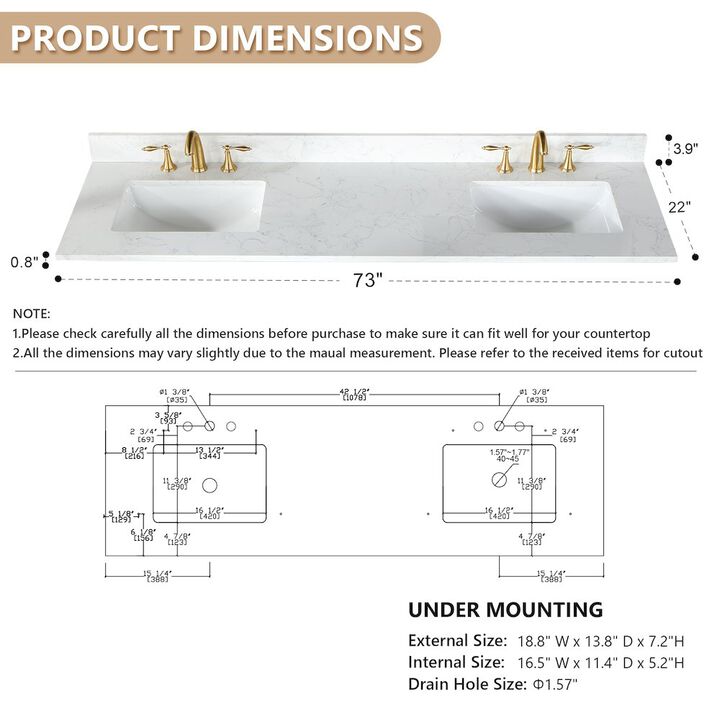 Altair Ceres 73 in. Engineered Stone Vanity Top in Grain White with Double White Sink