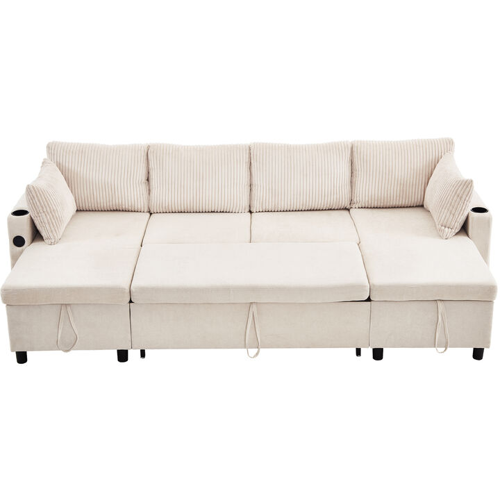 111.8" Sectional Sofa Pull-out Sofa Bed Versatile Sofa Sleeper with Large Storage Space, Two USB Ports and Two Cup Holders for Living Room